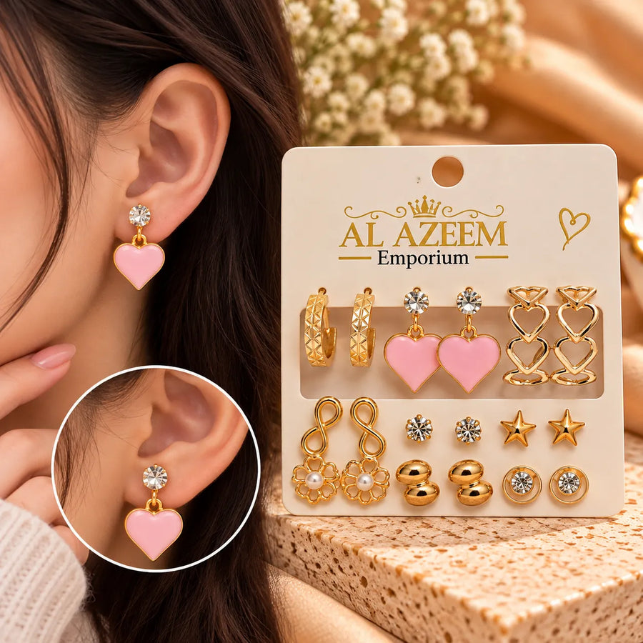 9 Pairs Elegant Gold-Tone Heart & Stud Earrings Set for Women Pink Heart Earrings,