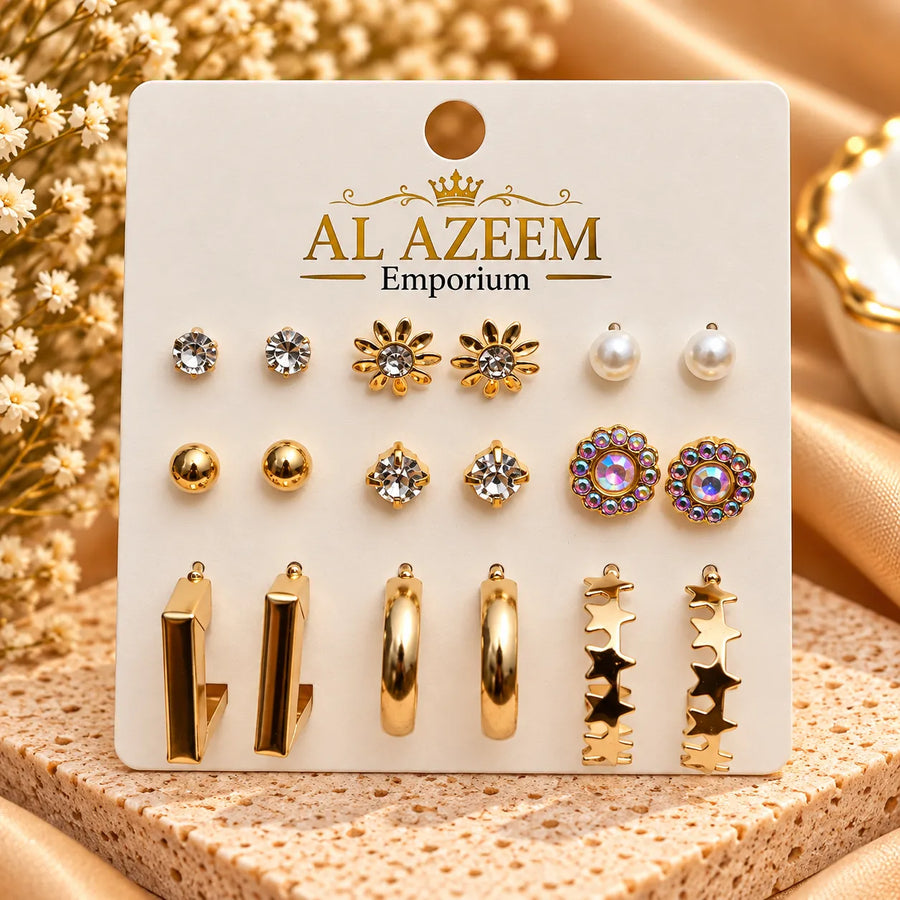9 Pairs Gold-Tone Stud & Hoop Earrings Set for Women