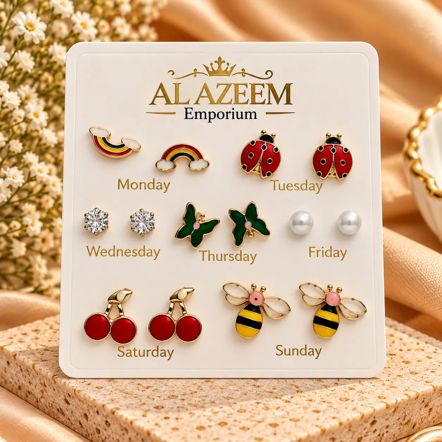 7 Days Cute Cartoon Stud Earrings Set for Girls – 7 Pairs  Ladybug Earrings