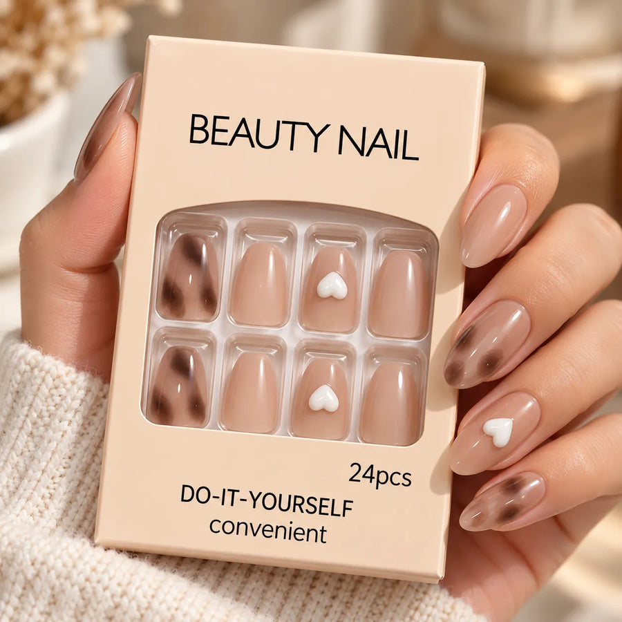 24 Pcs Nude Brown Heart Press-On Nails – Elegant Glossy Nail Art Set