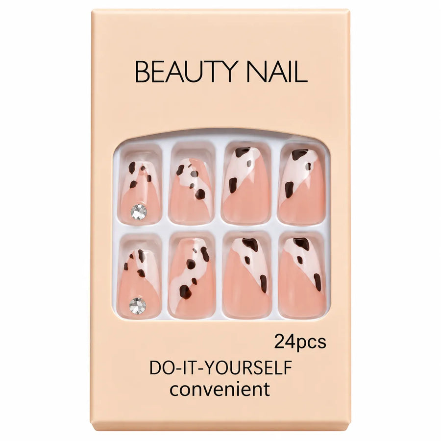 24 Pcs Pink Cow Print Press-On Nails – Rhinestone Nail Art Set