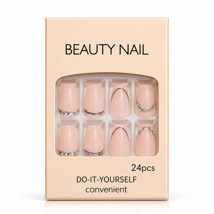 24 Pcs Nude Pink Rhinestone Press-On Nails – Elegant French Tip Nail Art Set