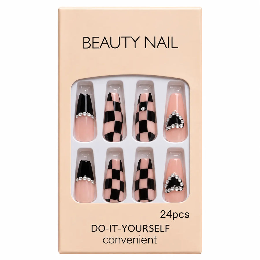 24 Pcs Black & Pink Checkered Press-On Nails – Pearl Nail Art Set