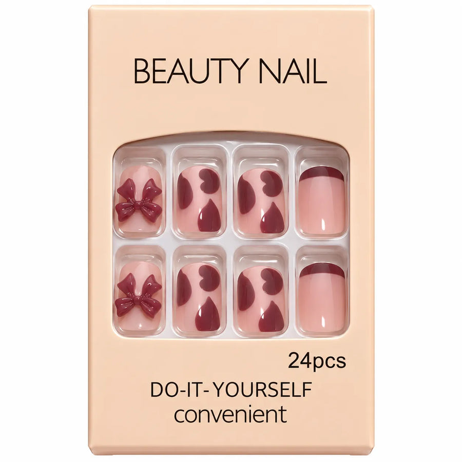 24 Pcs Pink & Burgundy Bow Press-On Nails – Cute 3D Nail Art Set