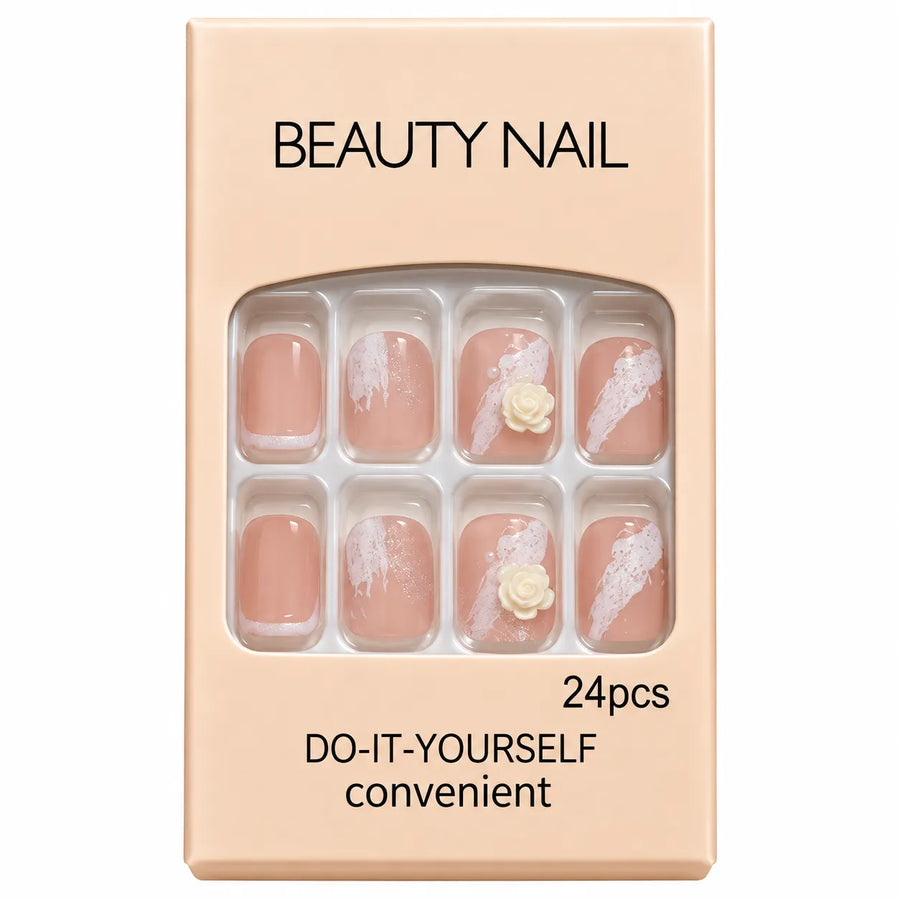 24 Pcs Nude Pink Floral Press-On Nails – 3D Rose & White Lace Nail Art Set