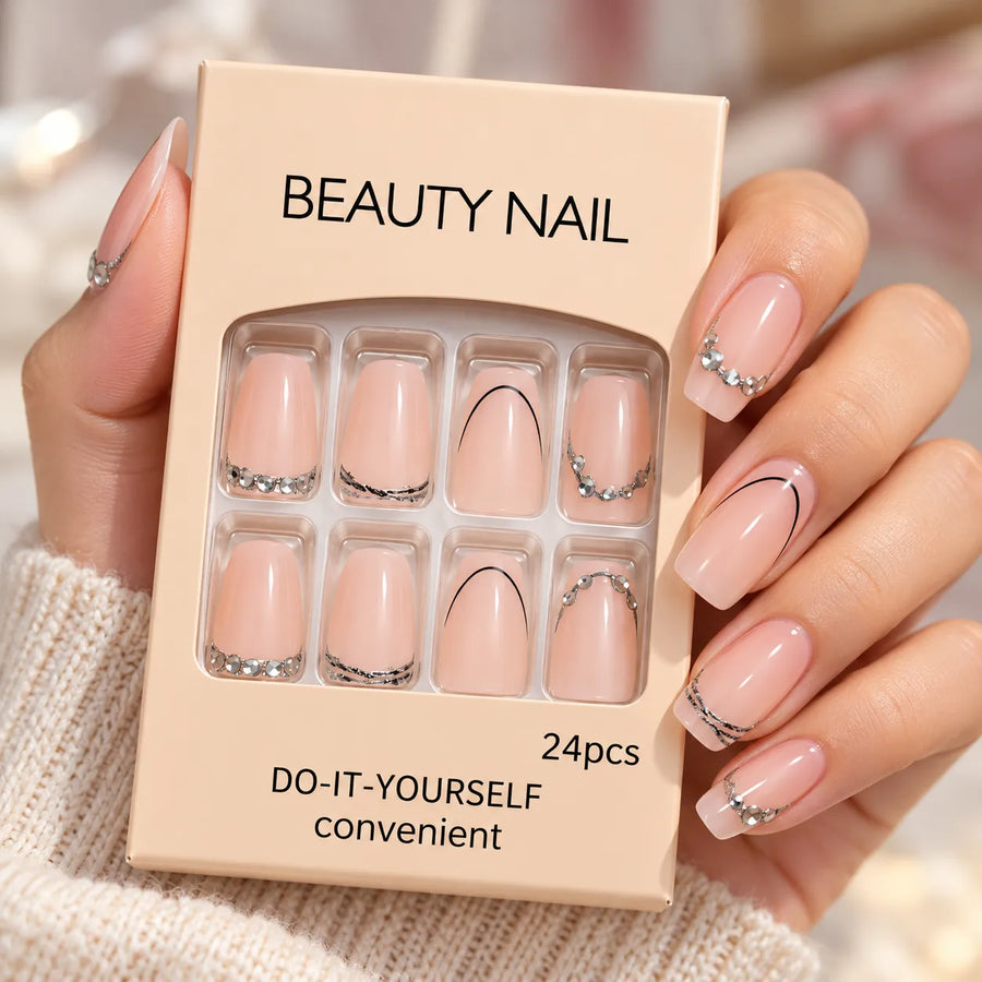 24 Pcs Nude Pink Rhinestone Press-On Nails – Elegant French Tip Nail Art Set