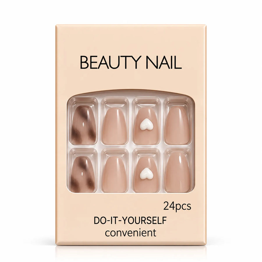 24 Pcs Nude Brown Heart Press-On Nails – Elegant Glossy Nail Art Set