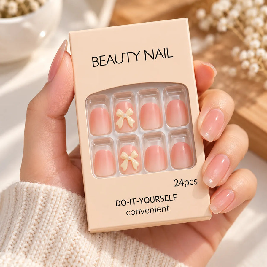 24 Pcs Peach Pink Bow Press-On Nails – Cute Glossy Nail Art Set  Product Description