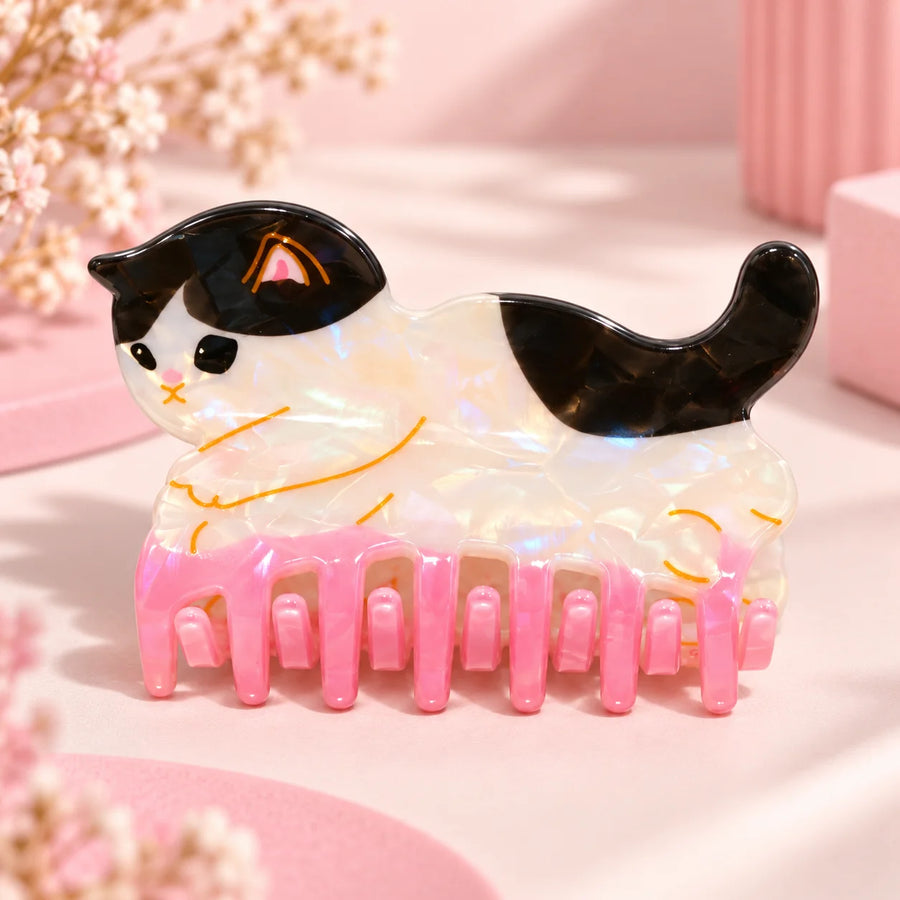 Cute Black & White Cat Hair Claw Clip – Pink Hair Accessories