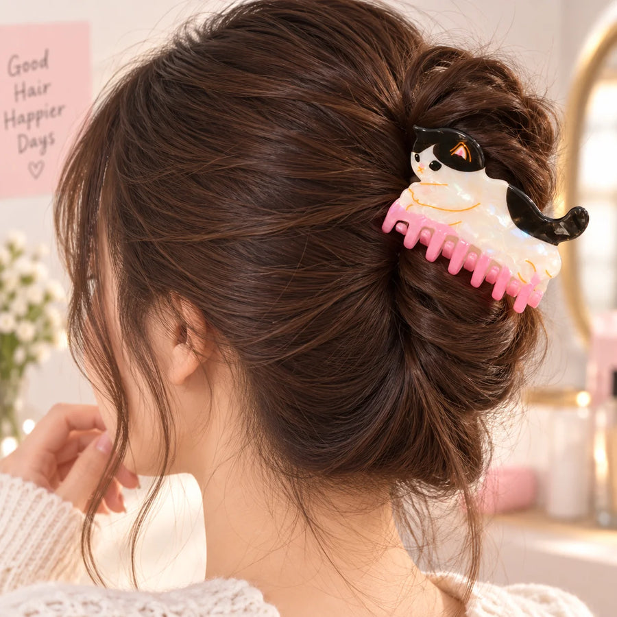 Cute Black & White Cat Hair Claw Clip – Pink Hair Accessories