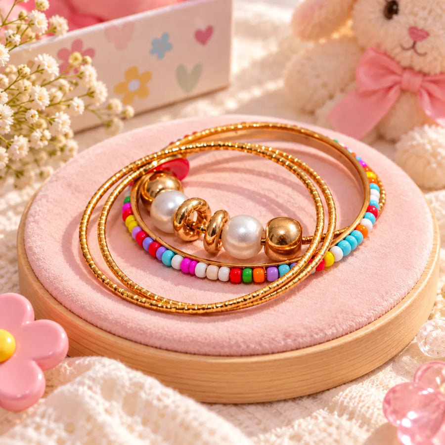 Colorful Kids Bangle Set – Gold Tone Pearl & Beaded Bangles for Girls