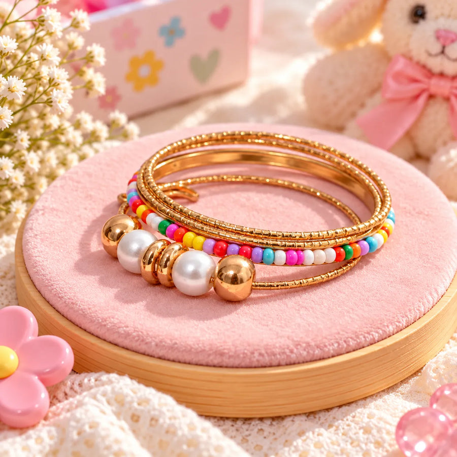 Colorful Kids Bangle Set – Gold Tone Pearl & Beaded Bangles for Girls