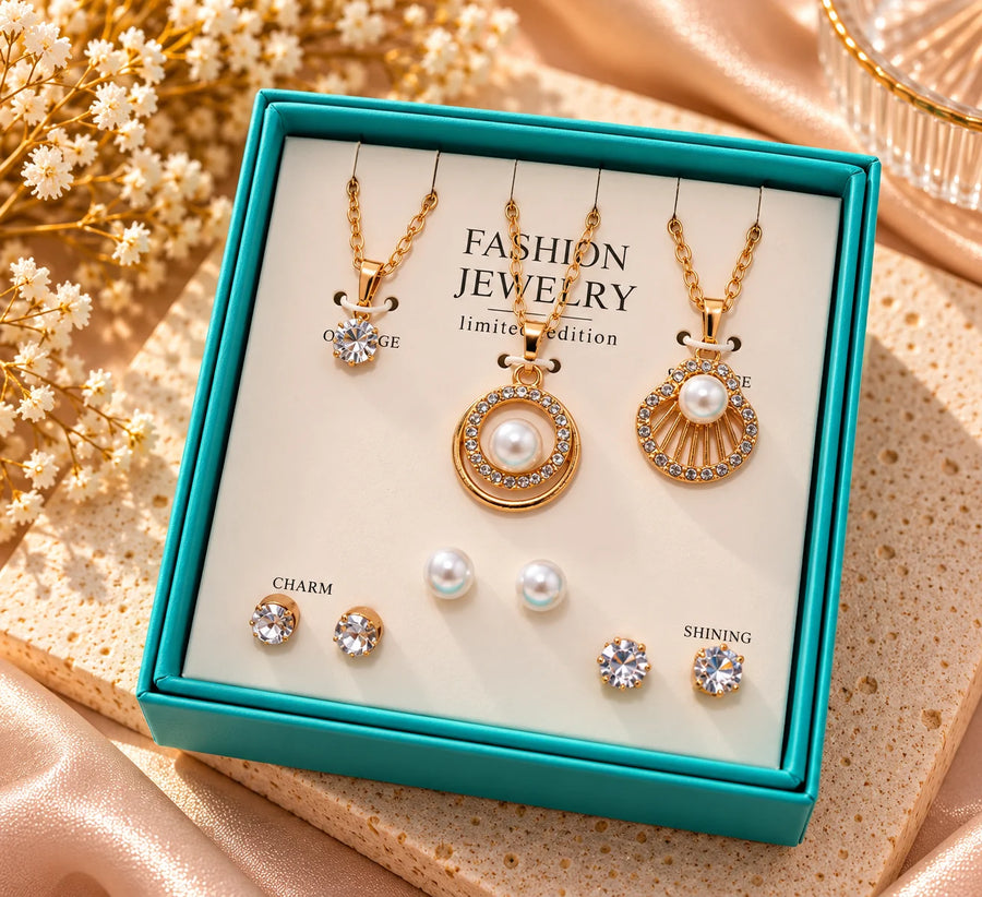 3 Pendant Necklace & Earrings Jewelry Set – Gold Tone Pearl & Crystal Set