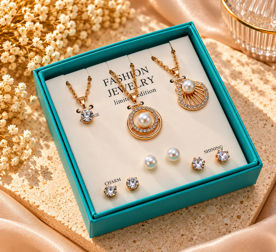3 Pendant Necklace & Earrings Jewelry Set – Gold Tone Pearl & Crystal Set