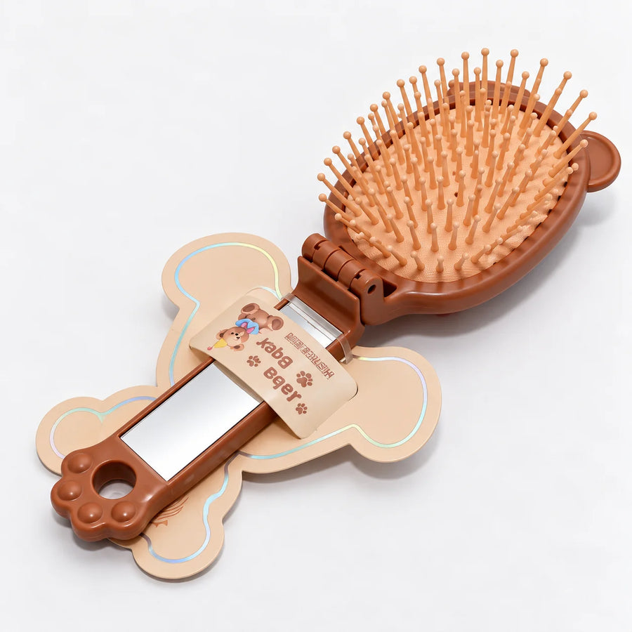 Cute Bear Folding Hair Brush with Mirror – Portable Travel Comb