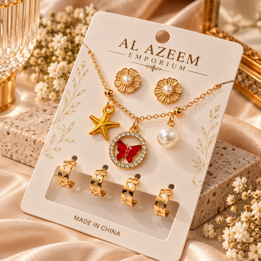 Butterfly Charm Necklace & Earrings Set for Girls – Gold Tone Jewelry Set