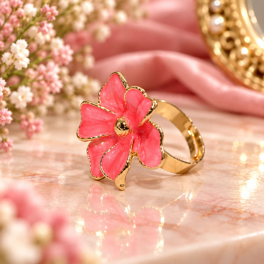 Blush Pink Floral Statement Ring – Gold Tone Adjustable Ring,