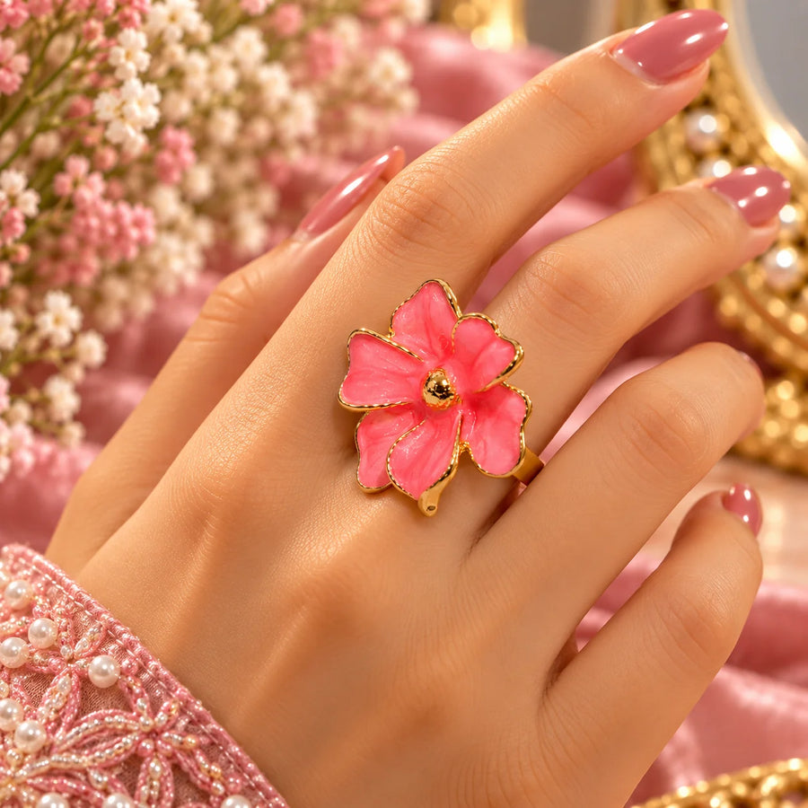 Blush Pink Floral Statement Ring – Gold Tone Adjustable Ring,