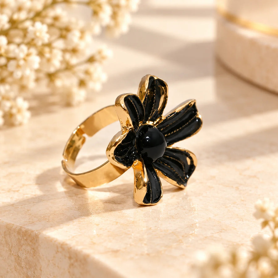 Black Floral Statement Ring – Gold Tone  Floral Ring