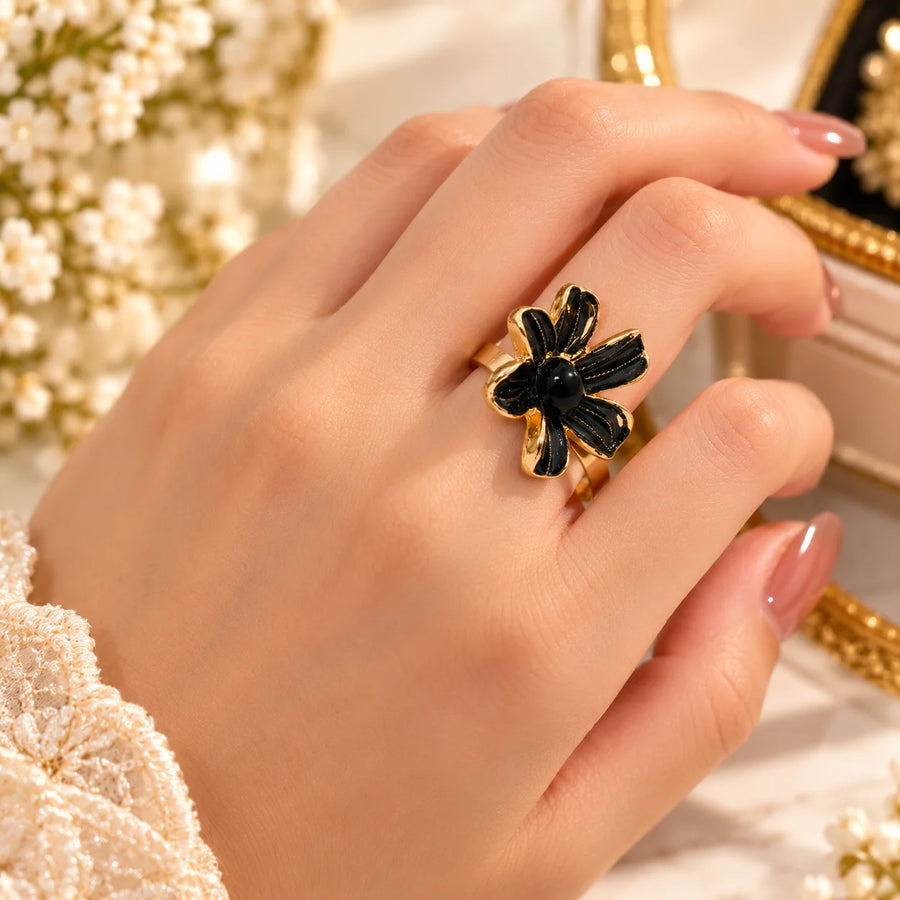 Black Floral Statement Ring – Gold Tone  Floral Ring