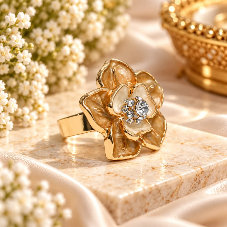 Champagne Crystal Flower Statement Ring – Gold Tone Party Ring