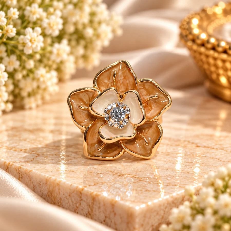 Champagne Crystal Flower Statement Ring – Gold Tone Party Ring