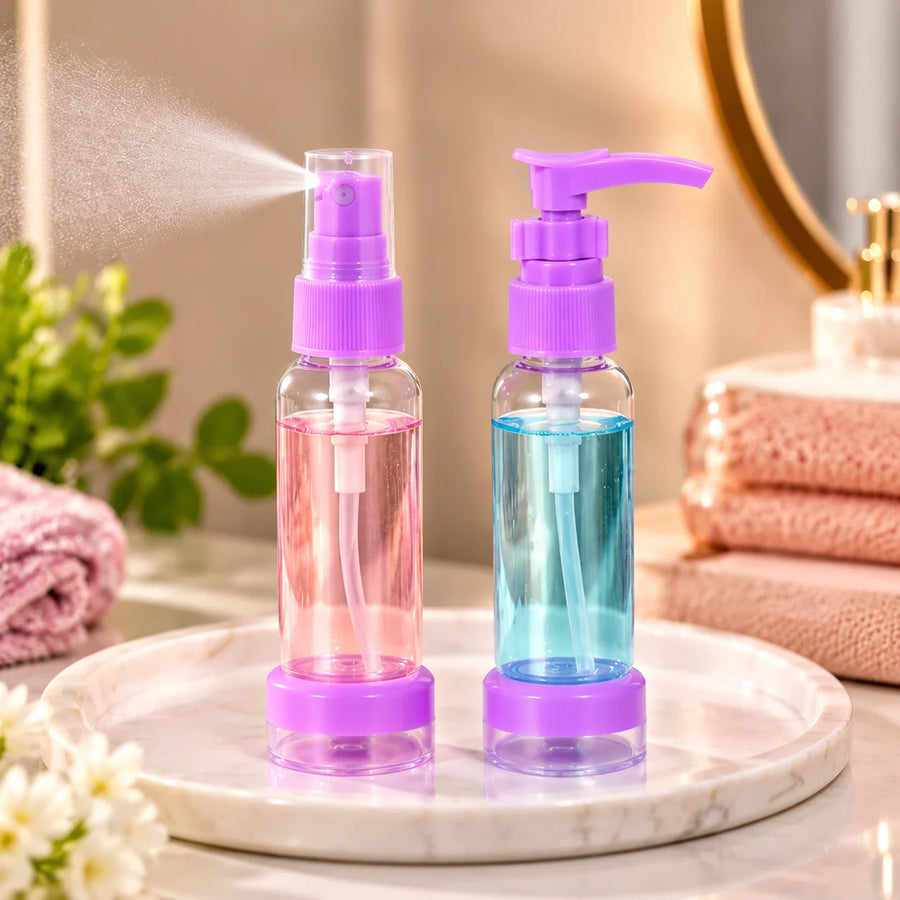 2-in-1 Travel Spray & Pump Bottle Set – Refillable Cosmetic Bottles