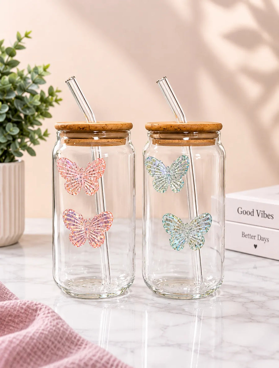 Butterfly Design Glass Tumbler with Bamboo Lid & Glass Straw – Cute Aesthetic Drinking Glass