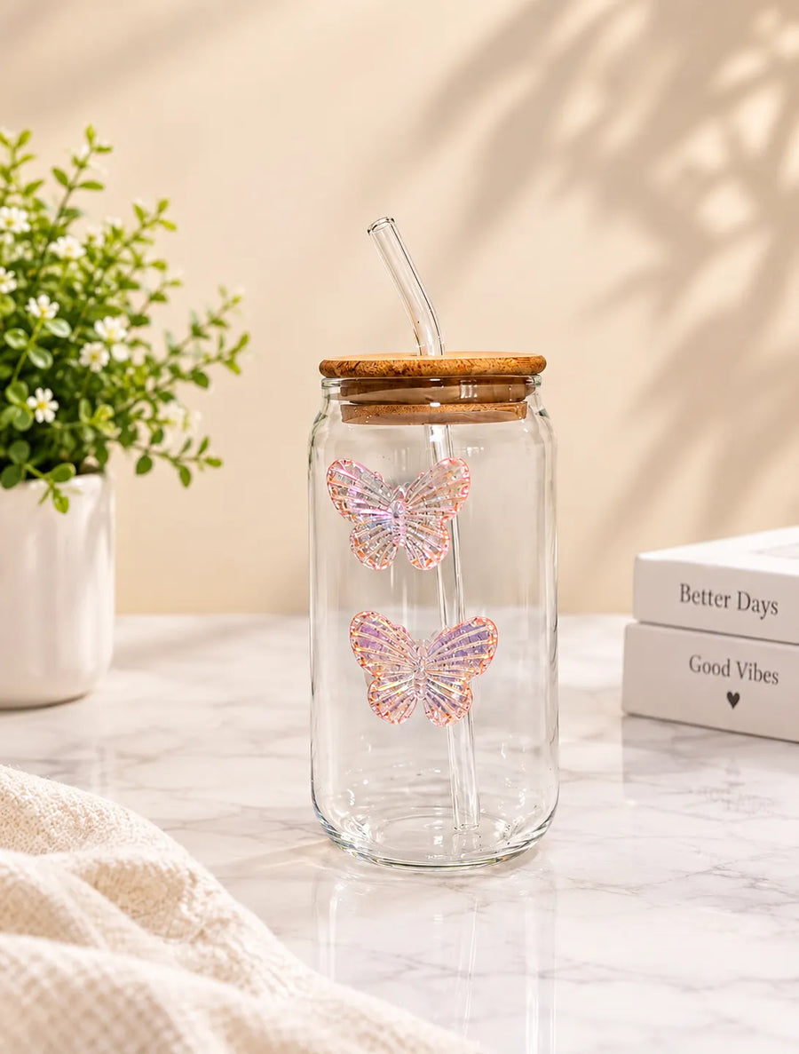 Butterfly Design Glass Tumbler with Bamboo Lid & Glass Straw – Cute Aesthetic Drinking Glass