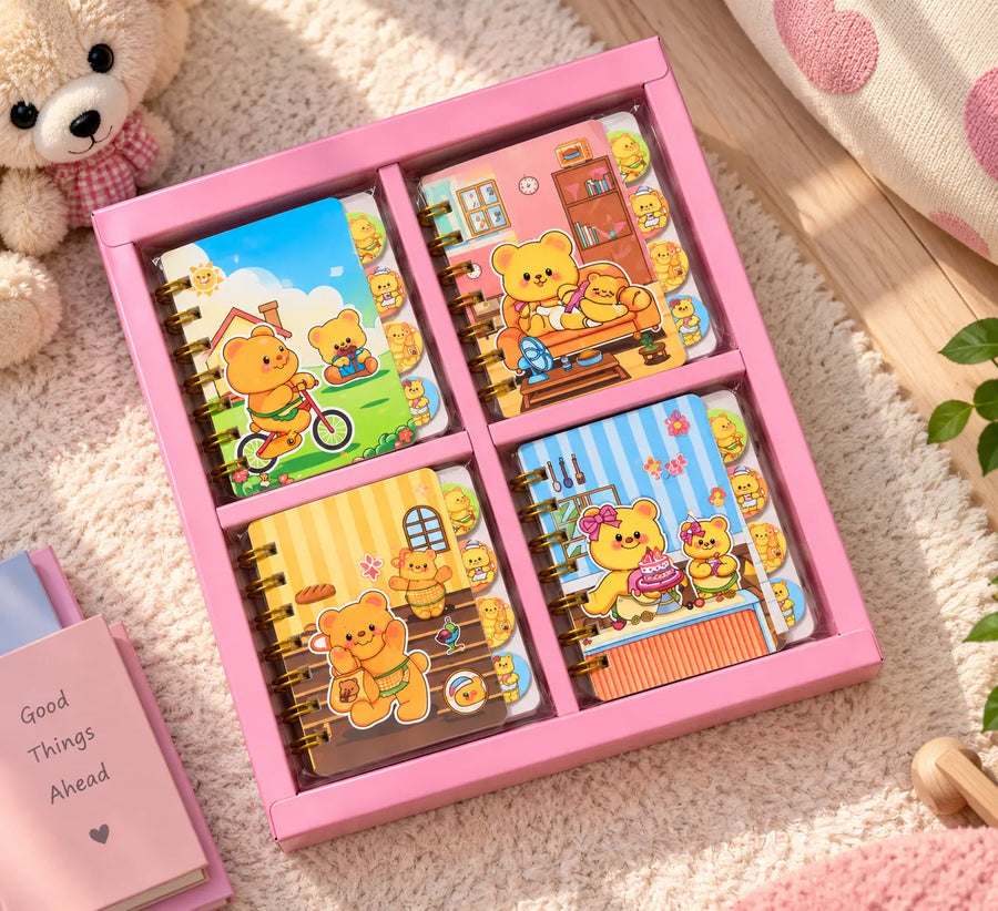 Cute Bear Mini Spiral Notebook Set – Cartoon Pocket Notepads for Kids