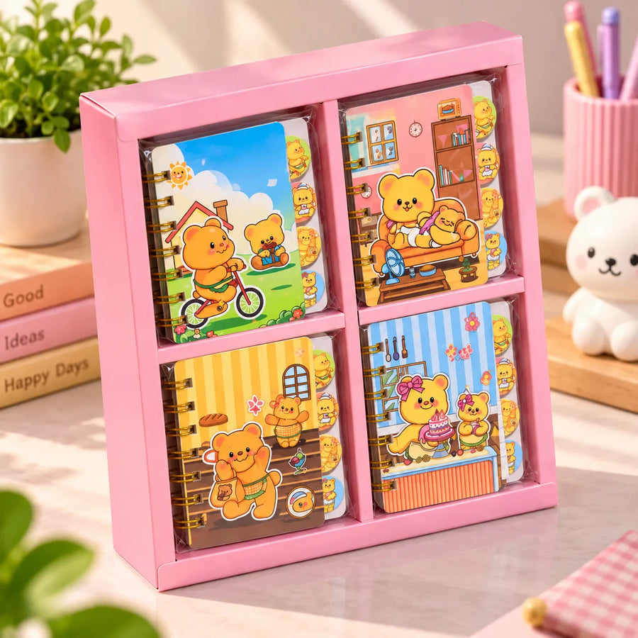 Cute Bear Mini Spiral Notebook Set – Cartoon Pocket Notepads for Kids