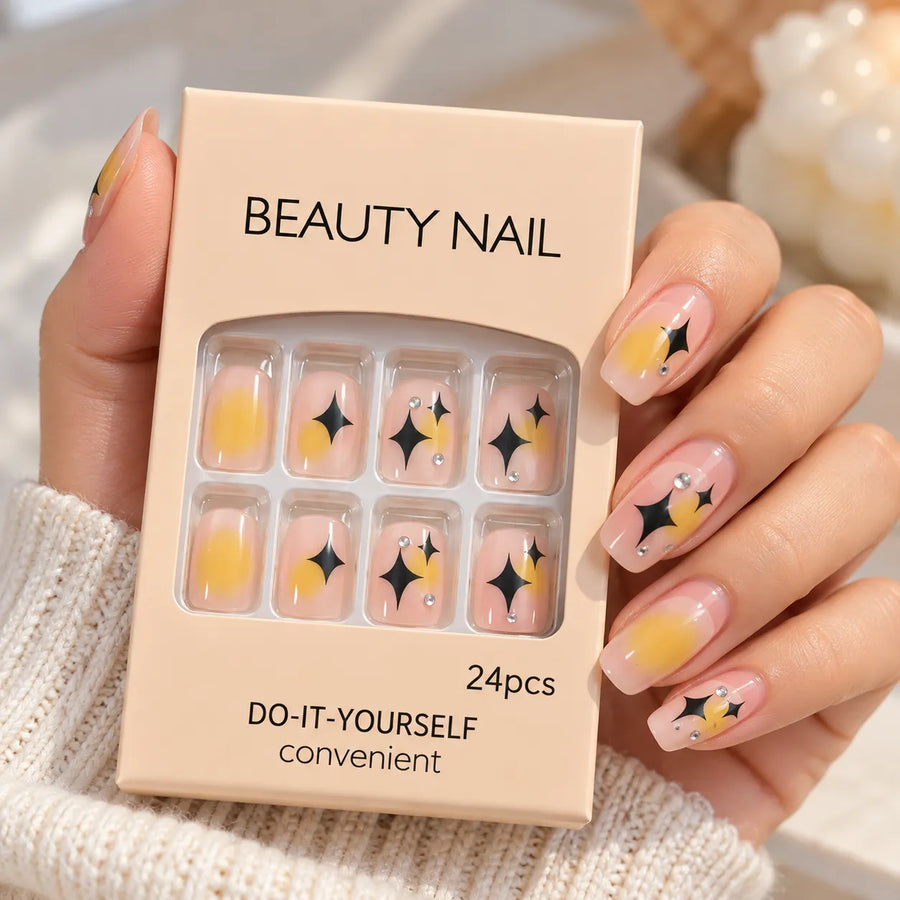 24 Pcs Yellow Ombre Star Press-On Nails – Elegant Glossy Nail Art Set