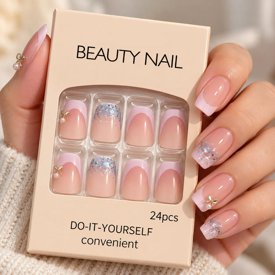24 Pcs Pastel Pink Glitter French Tip Press-On Nails – Elegant Bow Nail Art Set
