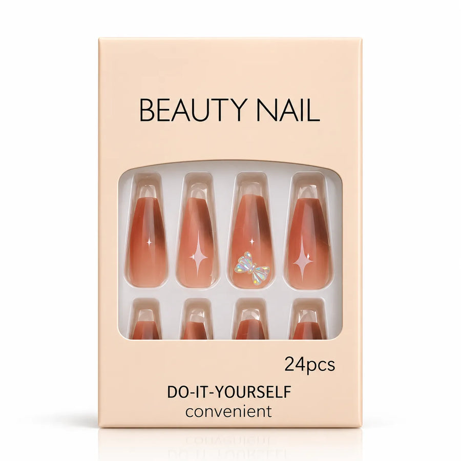 24 Pcs Brown Ombre Butterfly Press-On Nails – Elegant Long Coffin Nail Art Set