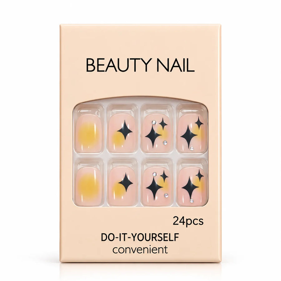 24 Pcs Yellow Ombre Star Press-On Nails – Elegant Glossy Nail Art Set