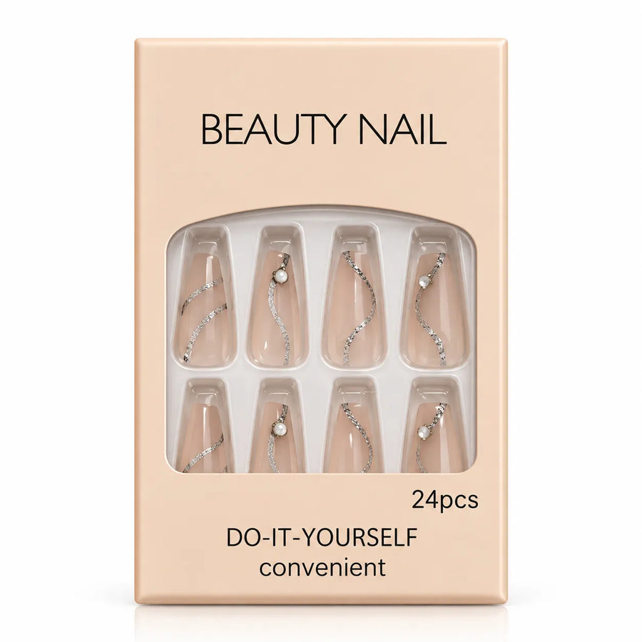 24 Pcs Nude Pink Silver Glitter Press-On Nails – Elegant Pearl Nail Art Set