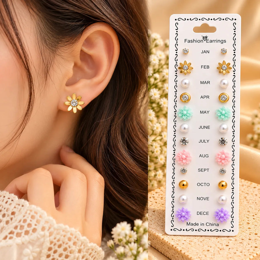 12 Pairs Multicolor Stud Earrings Set for Women – Floral, Pearl & Crystal Designs