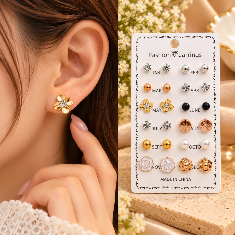12 Pairs Elegant Stud Earrings Set for Women – Gold, Pearl & Crystal Designs