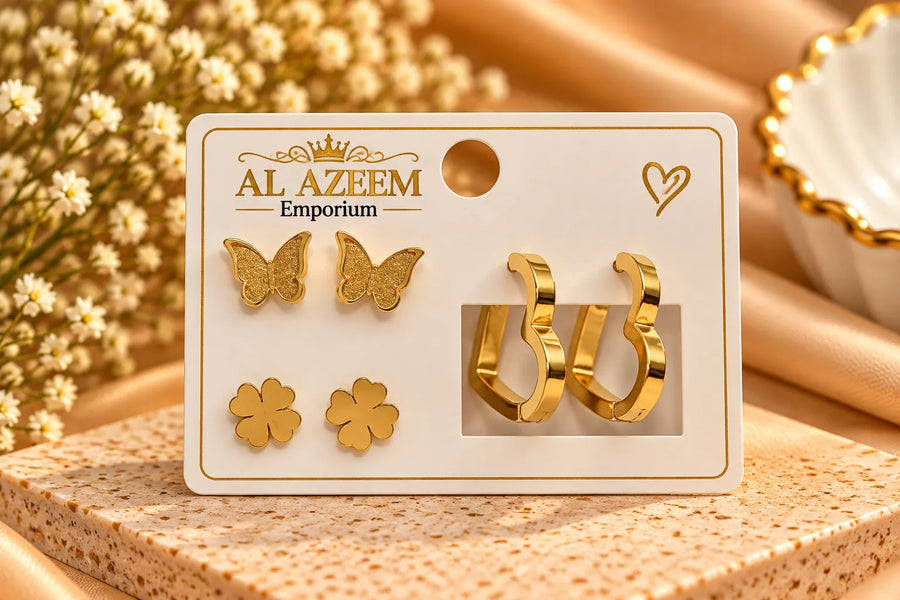 3 Pairs Gold-Tone Butterfly, Clover & Heart Hoop Earrings Set for Women
