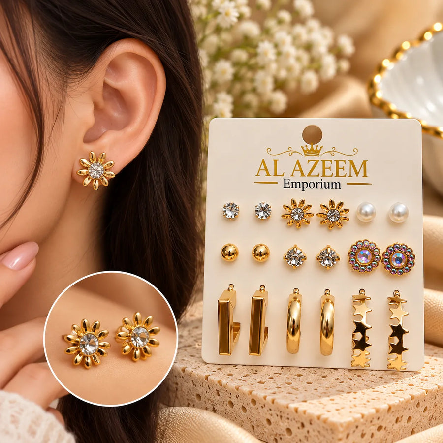 9 Pairs Gold-Tone Stud & Hoop Earrings Set for Women