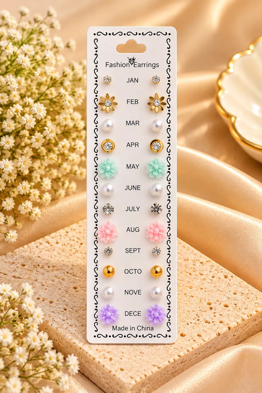 12 Pairs Multicolor Stud Earrings Set for Women – Floral, Pearl & Crystal Designs