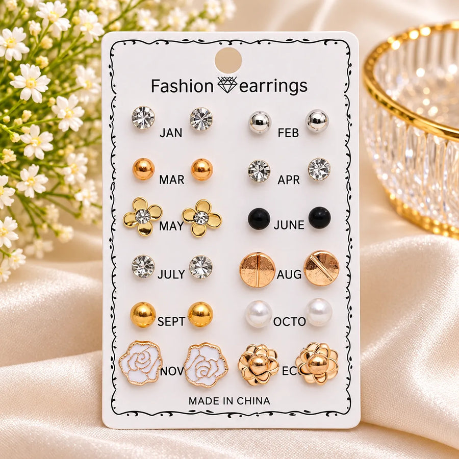 12 Pairs Elegant Stud Earrings Set for Women – Gold, Pearl & Crystal Designs