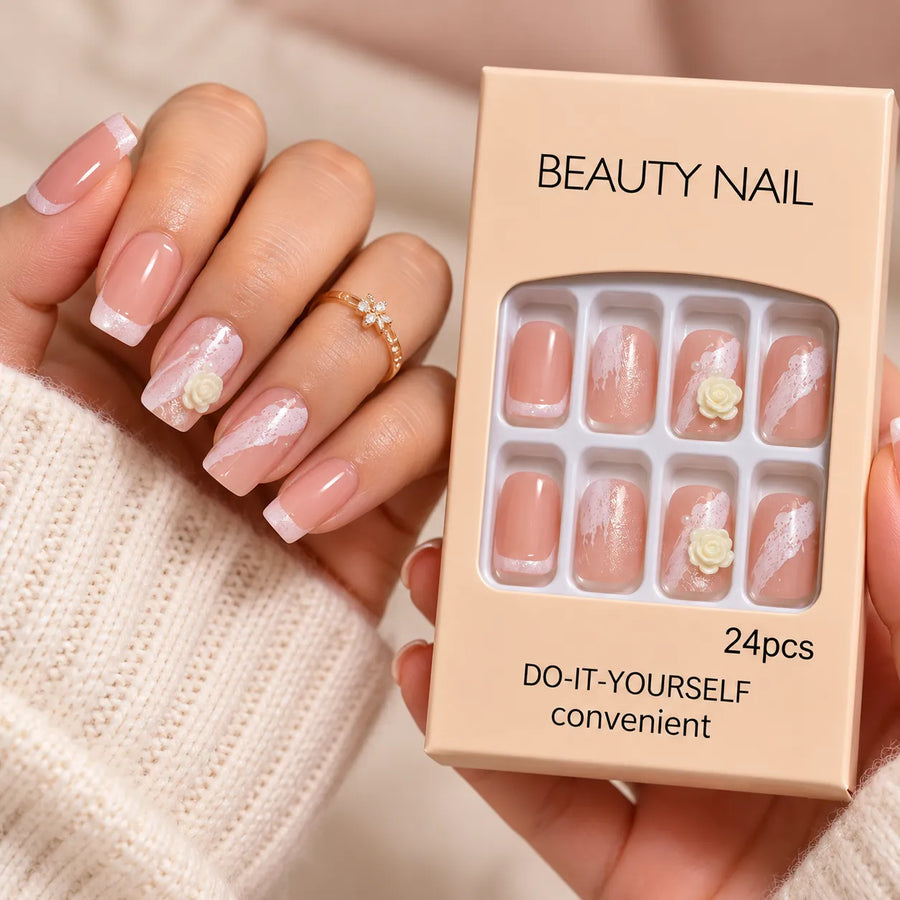 24 Pcs Nude Pink Floral Press-On Nails – 3D Rose & White Lace Nail Art Set