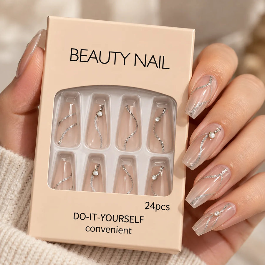 24 Pcs Nude Pink Silver Glitter Press-On Nails – Elegant Pearl Nail Art Set