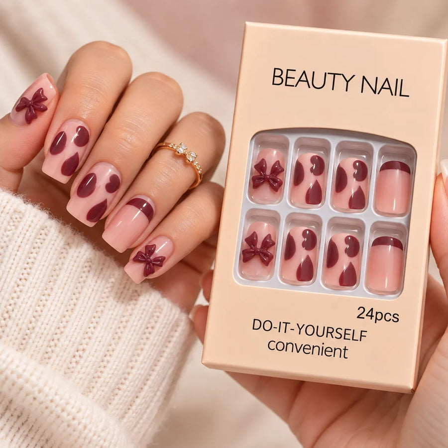 24 Pcs Pink & Burgundy Bow Press-On Nails – Cute 3D Nail Art Set