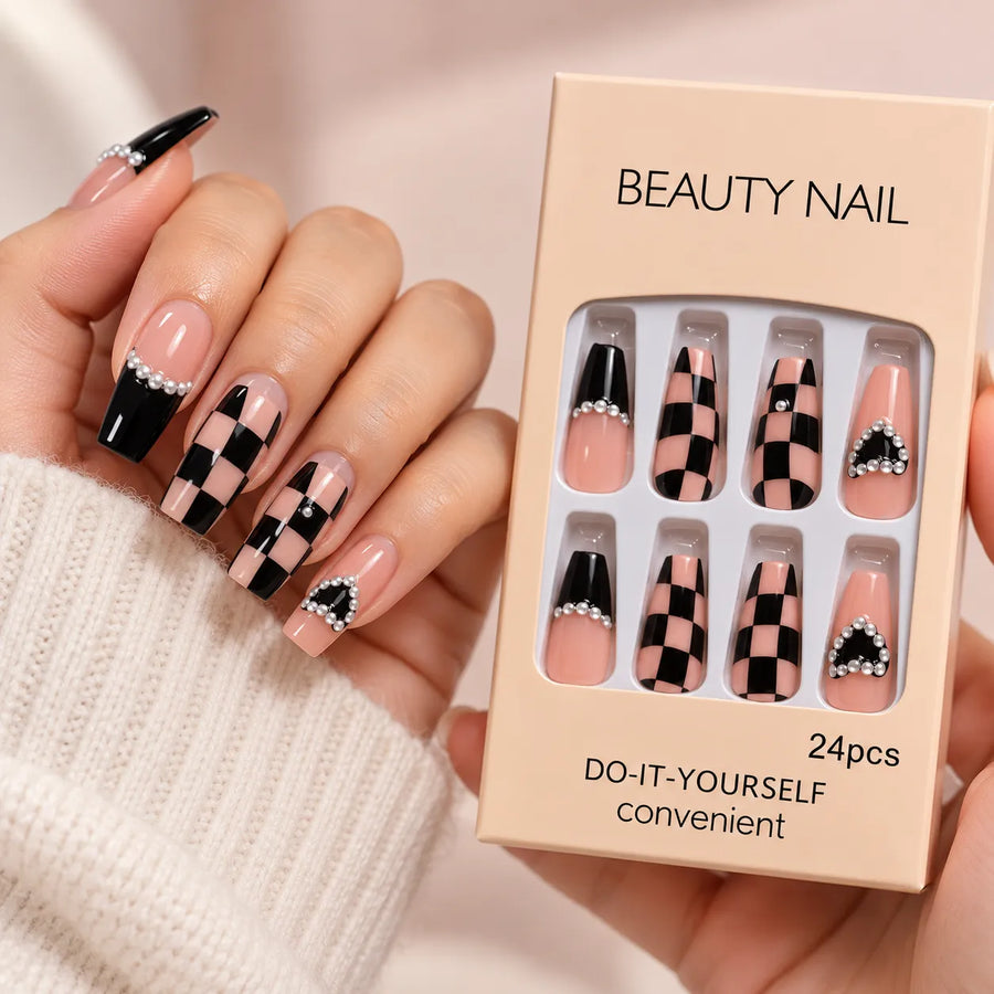 24 Pcs Black & Pink Checkered Press-On Nails – Pearl Nail Art Set