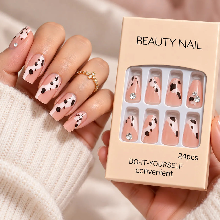 24 Pcs Pink Cow Print Press-On Nails – Rhinestone Nail Art Set