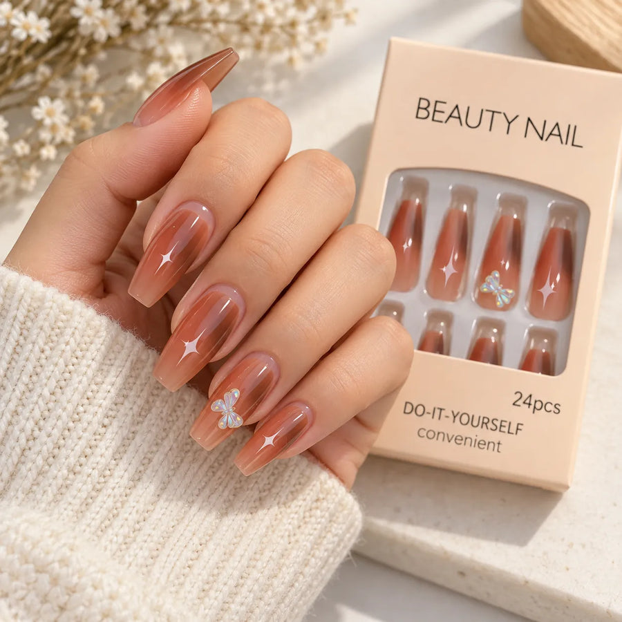 24 Pcs Brown Ombre Butterfly Press-On Nails – Elegant Long Coffin Nail Art Set