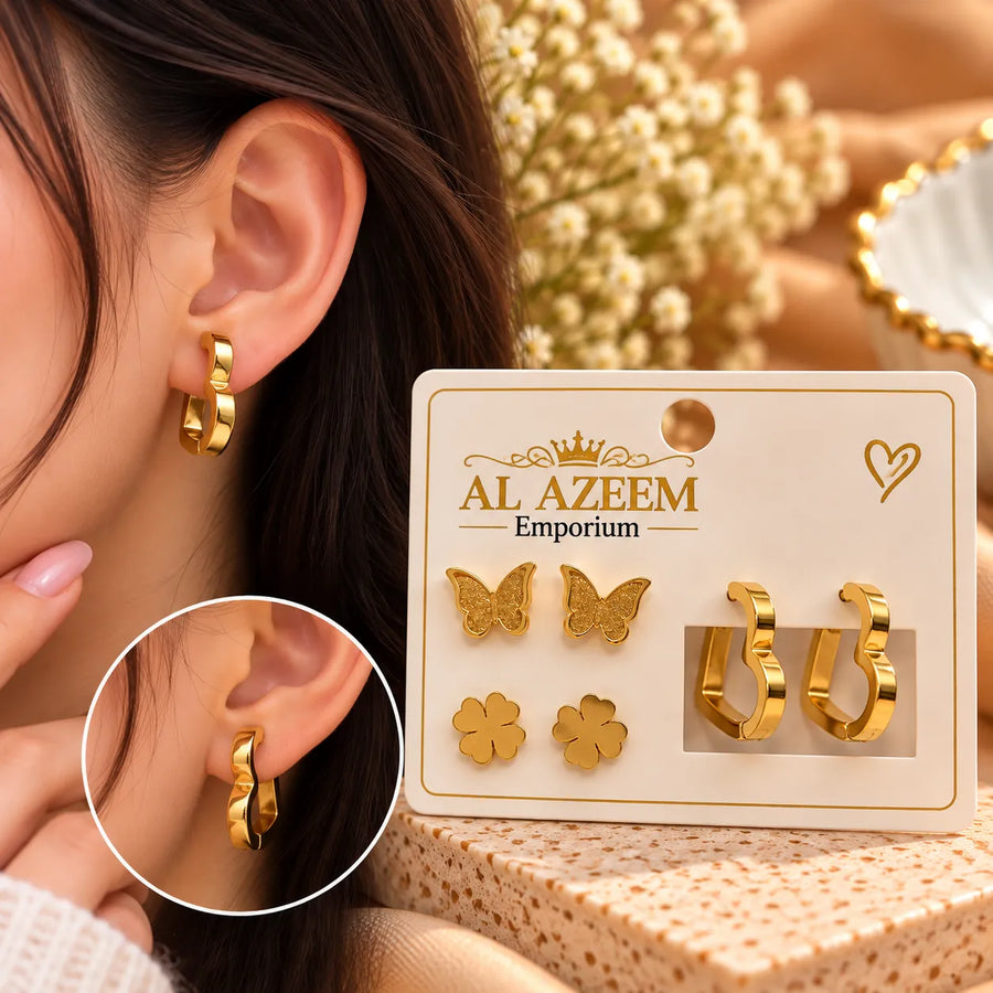 3 Pairs Gold-Tone Butterfly, Clover & Heart Hoop Earrings Set for Women