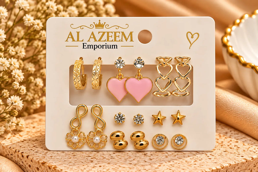 9 Pairs Elegant Gold-Tone Heart & Stud Earrings Set for Women Pink Heart Earrings,